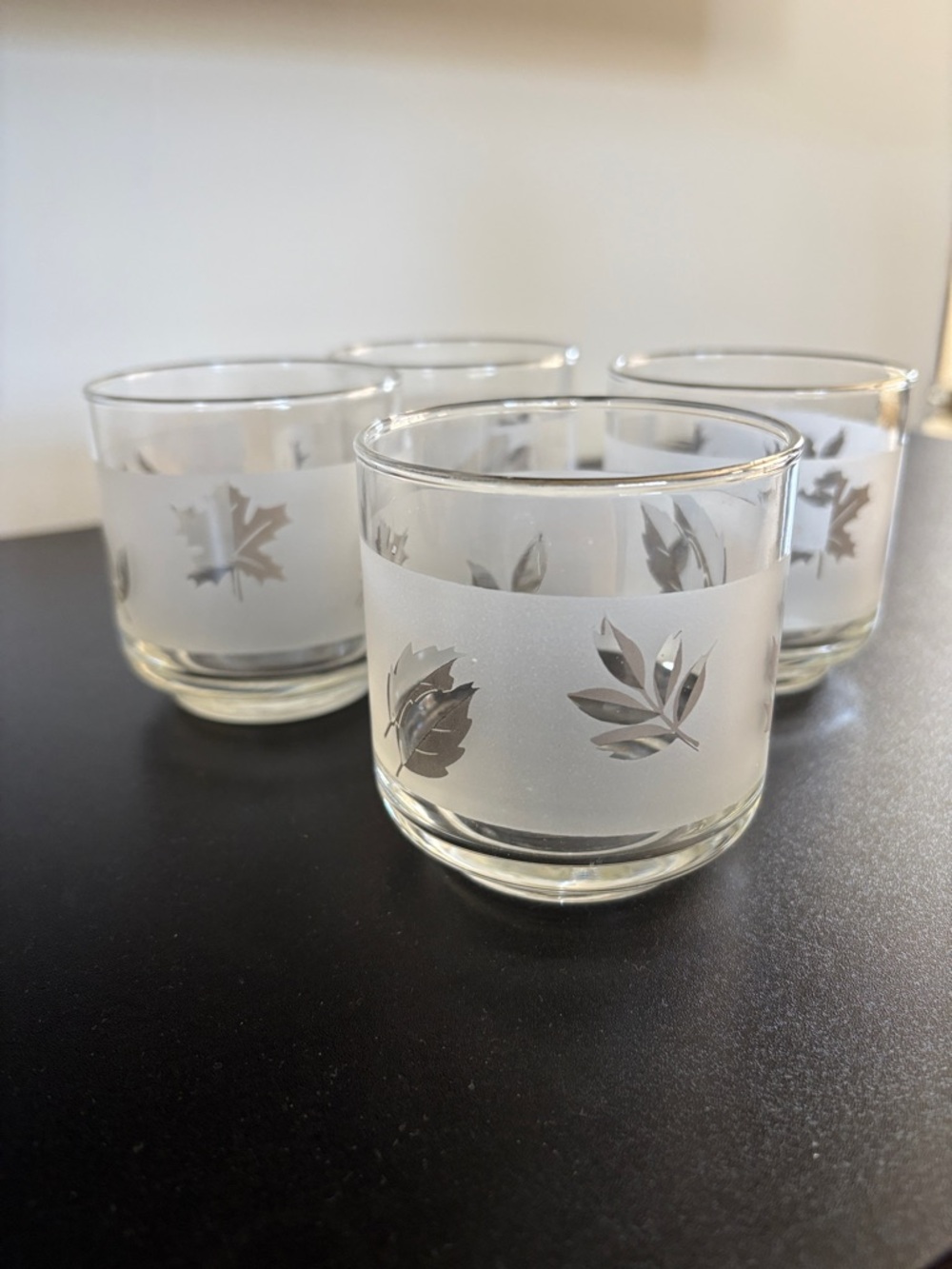 vintage mid-century modern Libbey "Silver Leaf"  frosted lowball, juice glasses